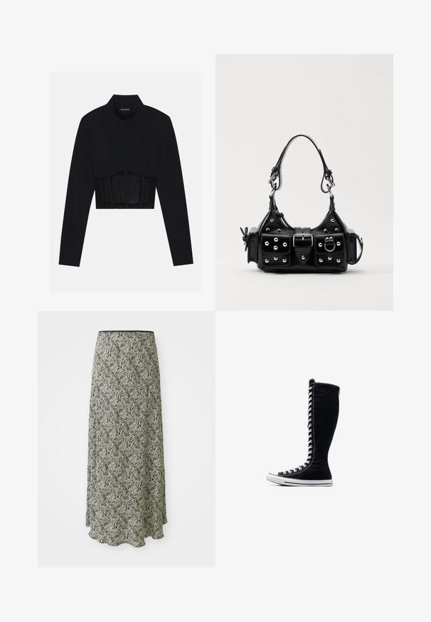 Crop top noir à manches longues, présentant un col haut, un panneau en mesh transparent à la taille et des coutures structurées pour un design ajusté.; Jupe midi noire et écrue avec un motif ondulé, texture lisse et ourlet en dentelle ; fabriquée en tissu léger.; Baskets montantes noires avec un design haut, réalisées en toile. Elles présentent des lacets blancs, des coutures et une semelle en caoutchouc avec un capuchon au niveau des orteils.; Sac à main en cuir noir au design courbé, avec des clous en argent, une boucle et deux poches latérales. Bandoulière réglable pour différentes options de transport.