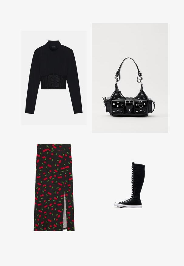 Top scurt negru cu mâneci lungi, având un guler înalt, un panou din plasă transparentă la talie și cusături structurate pentru un design ajustat.; Fustă neagră cu imprimeu de cireșe, având cireșe roșii și frunze verzi. Include o taietura laterală pentru un detaliu de design suplimentar.; Adidași negri cu glezna înaltă, cu un design elevat, realizați din pânză. Acestia au șireturi albe, cusături și o talpă din cauciuc cu capac pentru degete.; Geantă de piele neagră cu un design curbat, dotată cu studuri argintii, o cataramă și două buzunare laterale. Curea ajustabilă pentru opțiuni de transport.