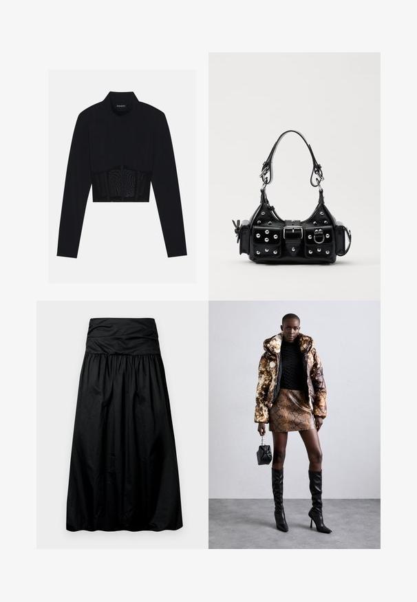 Black long-sleeve crop top featuring a high neck, a sheer mesh panel at the waist, and structured seams for a fitted design.; Black, mid-length skirt with a gathered design, made from a smooth material. Features a wide, ruched waistband at the top.; Puffer jacket with a brown and black pattern, paired with a brown snake print mini skirt, black knee-high boots, and a small black bag.; Black leather handbag with a curved design, featuring silver studs, a buckle, and two side pockets. Adjustable strap for carrying options.