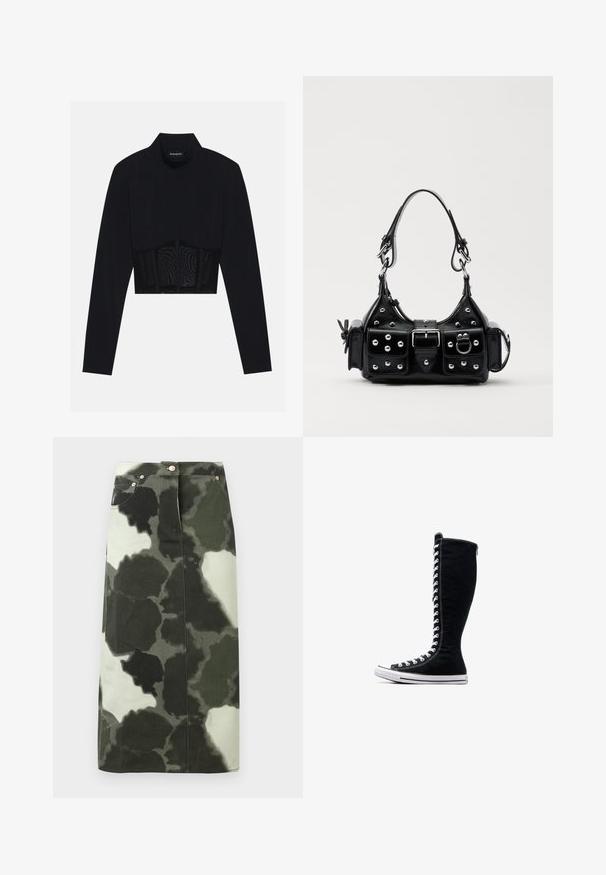 Must musta varrukatega crop top, millel on kõrge kaelus, läbipaistev võrkpaneel vöökoha juures ja struktureeritud õmblused kokkuhoidliku disaini jaoks.; Tume roheline ja must kamuflaažiga teksaseelik, millel on kõrge vöökoht, neli taskut ja metallist detailid. Keskmise pikkusega ja sirge lõikega.; Mustad mustad ketsid, millel on pikk disain, valmistatud kanvasest. Omavad valgeid paelu, õmblusi ja kummist tallat, millel on varbapatja kate.; Must värvi nahast käekott, millel on kaarjas disain, hõbedased nupukesed, kinnitusahe ja kaks külgtaskut. Reguleeritav rihm erinevate kandmisvõimaluste jaoks.