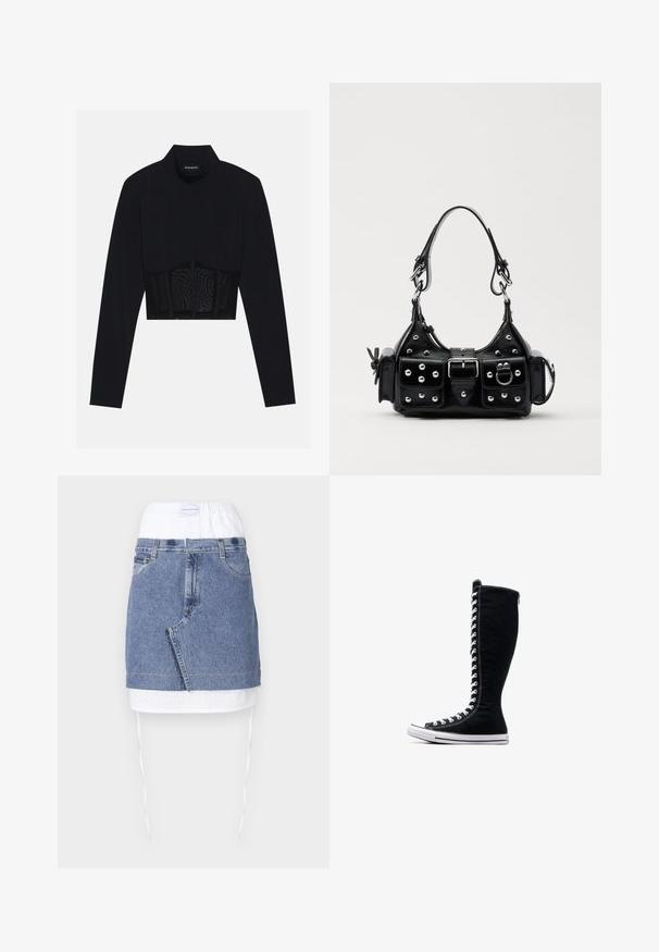 Juodas ilgas rankovėmis trumpas viršus su aukštu kaklu, permatoma tinklelio juostos dalimi juosmens srityje ir struktūrinėmis siūlėmis, suteikiančiomis prigludusį dizainą.; Džinsinė sijonas su mėlynu kūnu, baltu perforuotu juosmeniu ir raišteliais. Yra priekiniai kišeniai ir tiesus kirpimas su neapdorotu kraštu.; Juodos aukštos sportinės bateliai su aukštu dizainu, pagaminti iš kanvo. Su baltais raišteliais, siūlėmis ir guminėmis padais su pirštų kepurėle.; Juodas odinis rankinukas su kreiviu dizainu, su sidabro spalvos knopkėmis, užsegimu ir dviem šoninėmis kišenėmis. Reguliuojama dirželis nešimui.