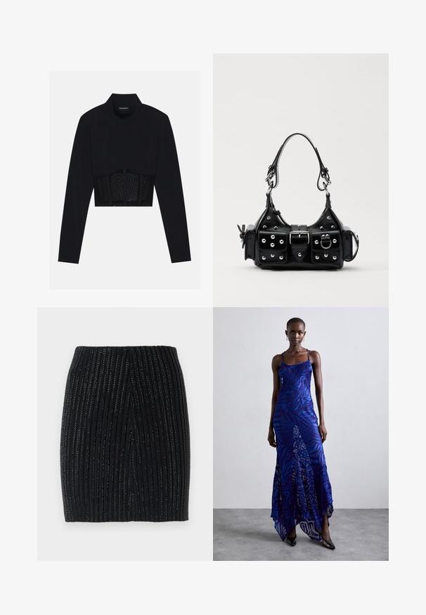 Top scurt negru cu mâneci lungi, având un guler înalt, un panou din plasă transparentă la talie și cusături structurate pentru un design ajustat.; Fustă mini tricotată albă, cu nervuri verticale și fire metalice subtile. Are un design ajustat și o deschidere centrală la spate pentru ușurința mișcării.; Rochie maxi cu imprimeu de animale în nuanțe de albastru și violet, cu bretele subțiri, corset strâns, tiv evazat și detalii de voal transparent.; Geantă de piele neagră cu un design curbat, dotată cu studuri argintii, o cataramă și două buzunare laterale. Curea ajustabilă pentru opțiuni de transport.