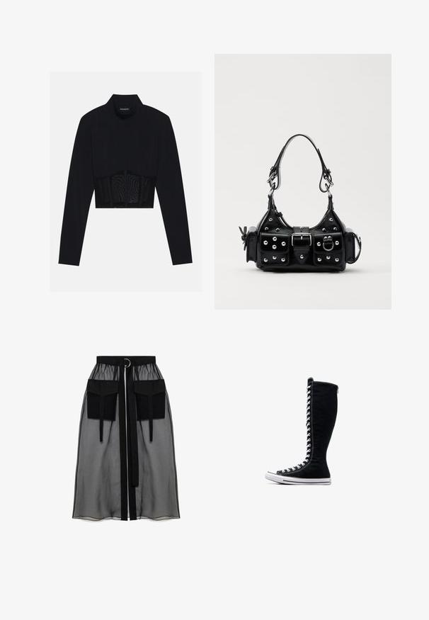 Črn dolg rokav krojen zgornji del, ki ima visok ovratnik, prosojen mrežast panel na pasu in strukturirane šive za prileganje.; Črna prozorna krila z nabranim pasom, ki ima dva velika sprednja žepa, pas za zavezovanje in okroglo kovinsko dekoracijo.; Črne visoke superge z visokim dizajnom, narejene iz platna. Imajo bele vezalke, šivanje in gumijast podplat z zaščito za prste.; Črna usnjena torbica s ukrivljenim dizajnom, ki vsebuje srebrne žebljičke, zaponko in dve stranski žepki. Nastavljiv trak za različne možnosti nošenja.