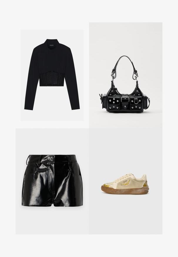 Crop top noir à manches longues, présentant un col haut, un panneau en mesh transparent à la taille et des coutures structurées pour un design ajusté.; Shorts noirs et brillants en matériau synthétique. Présentent une taille ajustée, des passants de ceinture et des poches avant avec des détails de couture prononcés.; Baskets beiges en suede et caoutchouc. Présentent un motif incurvé blanc et doré au niveau de l'orteil et sur le côté. Bout arrondi et design à lacets.; Sac à main en cuir noir au design courbé, avec des clous en argent, une boucle et deux poches latérales. Bandoulière réglable pour différentes options de transport.