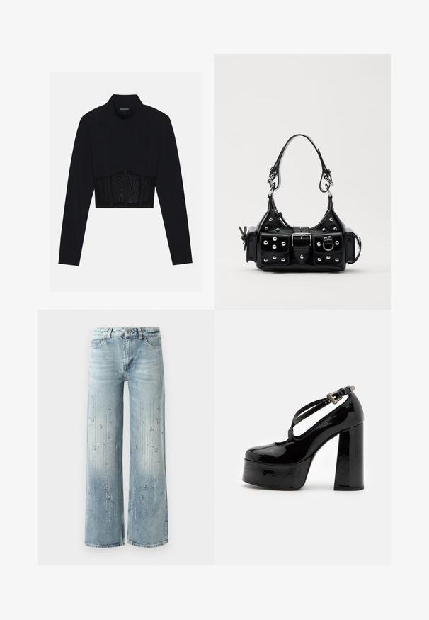 Top cropped preto de manga longa com gola alta, um painel de malha transparente na cintura e costuras estruturadas para um design justo.; Jeans de perna larga azul claro, feitos de denim, apresentando um efeito de cor gradiente e ornamentos de strass prateados em um padrão vertical.; The Kooples CHAUSSURES - Saltos altos - black; Bolsa de couro preta com um design curvado, apresentando tachas prateadas, uma fivela e dois bolsos laterais. Alça ajustável para opções de transporte.