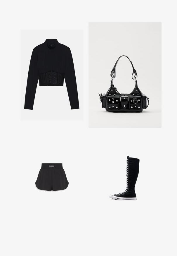 Melnā garām piedurknēm kroplika blūze ar augstu kakla izgriezumu, caurspīdīgu sieta paneli jostasvietā un strukturētām šuvēm pieguļošam dizainam.; Melnas sporta šortas, izgatavotas no viegla auduma, ar plašu elastīgu jostasvietu ar "Calvin Klein" logotipu. Izvērsta forma un gluda tekstūra.; Melni augstie sporta apavi ar augstu dizainu, izgatavoti no kanvas. Iezīmēti ar baltiem auklām, diegojumiem un gumijas zoli ar purngalu.; Melnas ādas rokturmais ar izliekumu, ar sudraba iedurtiem, sprādzi un divām sānu kabatām. Regulējams siksniņas garums dažādām nēsāšanas iespējām.