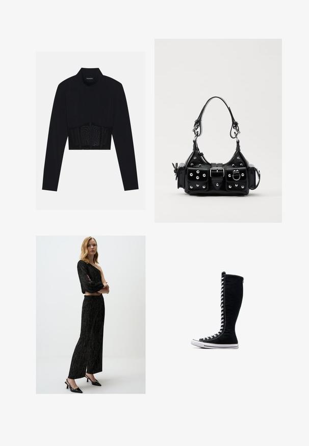 Zwarte lange mouwen crop top met een hoge hals, een doorschijnend meshpaneel op de taille en gestructureerde naden voor een aansluitend ontwerp.; Zwarte, gemarmerde off-the-shoulder top gecombineerd met hoge taille, wijde broek met een subtiele glans, aangevuld met puntige hakken.; Zwarte hoge sneakers met een hoge ontwerp, gemaakt van canvas. Beschikken over witte veters, stiksels en een rubberen zool met een neuskap.; Zwarte lederen handtas met een gebogen ontwerp, voorzien van zilveren studs, een gesp en twee zijvakken. Verstelbare schouderband voor verschillende draagmogelijkheden.