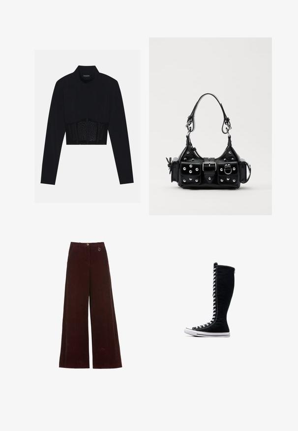 Crna dugorukava cropped majica s visokim ovratnikom, prozirnim mrežastim panelom u struku i strukturiranim šavovima za prilagođeni dizajn.; Široke bordo kadrove hlače s kopčanjem na dugme i patentni zatvarač, s malim okruglim zlatnim privjeskom na pojasu.; Crne visoke tenisice s visokim dizajnom, izrađene od platna. Imaju bijele vezice, šavove i gumeni potplat s zaštitom za nožne prste.; Crna kožna torba s zakrivljenim dizajnom, koja sadrži srebrne zakovice, kopču i dva bočna džepa. Podesiva traka za različite opcije nošenja.