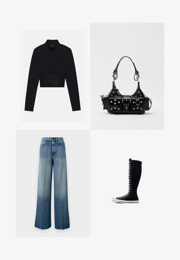 Black long-sleeve crop top featuring a high neck, a sheer mesh panel at the waist, and structured seams for a fitted design.; Light blue, wide-leg jeans made of denim. Features a high waist, classic five-pocket design, and a faded gradient from dark to light.; Black high-top sneakers with a tall design, made of canvas. Feature white laces, stitching, and a rubber sole with a toe cap.; Black leather handbag with a curved design, featuring silver studs, a buckle, and two side pockets. Adjustable strap for carrying options.