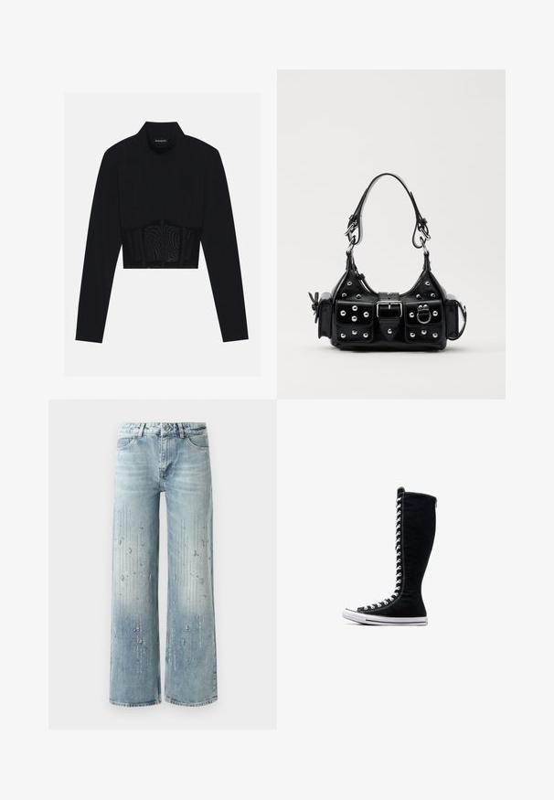 Top cropped preto de manga longa com gola alta, um painel de malha transparente na cintura e costuras estruturadas para um design justo.; Jeans de perna larga azul claro, feitos de denim, apresentando um efeito de cor gradiente e ornamentos de strass prateados em um padrão vertical.; Tênis de cano alto pretos com um design alto, feitos de lona. Apresentam atacadores brancos, costura e uma sola de borracha com biqueira.; Bolsa de couro preta com um design curvado, apresentando tachas prateadas, uma fivela e dois bolsos laterais. Alça ajustável para opções de transporte.