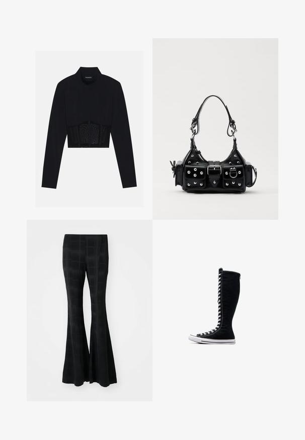 Black long-sleeve crop top featuring a high neck, a sheer mesh panel at the waist, and structured seams for a fitted design.; Black flared trousers made from a smooth material, featuring a checked pattern that creates a subtle texture and tailored fit.; Black high-top sneakers with a tall design, made of canvas. Feature white laces, stitching, and a rubber sole with a toe cap.; Black leather handbag with a curved design, featuring silver studs, a buckle, and two side pockets. Adjustable strap for carrying options.
