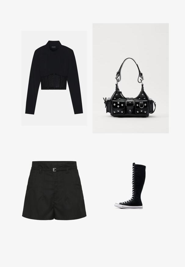 Černý dlouhý rukáv crop top s vysokým límcem, průhlednou síťovinou v oblasti pasu a strukturovanými švy pro přiléhavý střih.; Černé šortky s vysokým pasem, s prošitými záhyby, bočními kapsami, poutky na pásek a tenkým černým pásem se stříbrnou sponou.; Černé vysoké tenisky s vysokým designem, vyrobené z plátna. Mají bílé šňůrky, švy a gumovou podrážku s ochranným krytem na špičce.; Černá kožená kabelka s křivkovým designem, zdobená stříbrnými hřebíky, s přezkou a dvěma bočními kapsami. Nastavitelný popruh pro různé možnosti nošení.