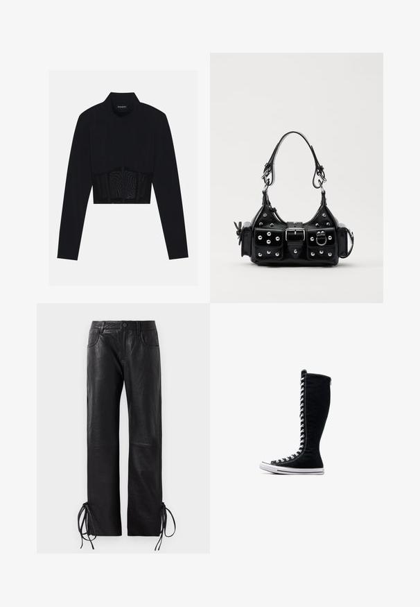Zwarte lange mouwen crop top met een hoge hals, een doorschijnend meshpaneel op de taille en gestructureerde naden voor een aansluitend ontwerp.; Zwarte leren broeken met een licht gestructureerde afwerking, recht gesneden pijpen en verstelbare veters aan de onderkant voor een aanpasbare pasvorm.; Zwarte hoge sneakers met een hoge ontwerp, gemaakt van canvas. Beschikken over witte veters, stiksels en een rubberen zool met een neuskap.; Zwarte lederen handtas met een gebogen ontwerp, voorzien van zilveren studs, een gesp en twee zijvakken. Verstelbare schouderband voor verschillende draagmogelijkheden.