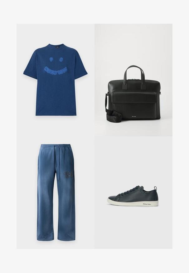 Navy blue cotton t-shirt with a crew neckline. Features blue embroidered graphic text and smiley face design on the front. Short sleeves.; Blue velvet wide-leg pants with elastic waistband, drawstring, side pockets, and embroidered logo on right thigh.; Dark navy leather sneaker with a smooth finish, rounded toe, six eyelet lacing, and contrasting white rubber sole. Features branding on the side.; Black leather briefcase with dual top handles, a front pocket, and a detachable strap, featuring subtle branding at the bottom.