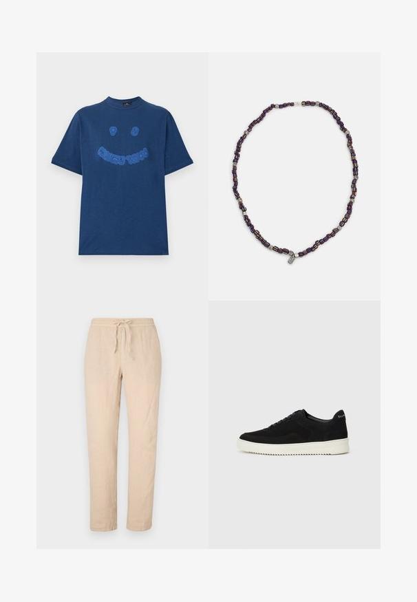 Marineblå bomull T-skjorte med rund hals. Inkluderer blå brodert grafisk tekst og smilende ansikt-design på fronten. Korte ermer.; Beige linbukser med snor i taljen, lige ben og en blød, tekstureret overflade. Har to sidelommer og minimal syning.; Svart semsket sneakers med snøring og kontrasterende hvit gummisåle. Har teksturerte sidepaneler og subtil merkevare på hælen.; Flerfarget perlekjede med mørkeblå, røde og gule perler, iblandet sølvdetaljer og en hengende anheng.