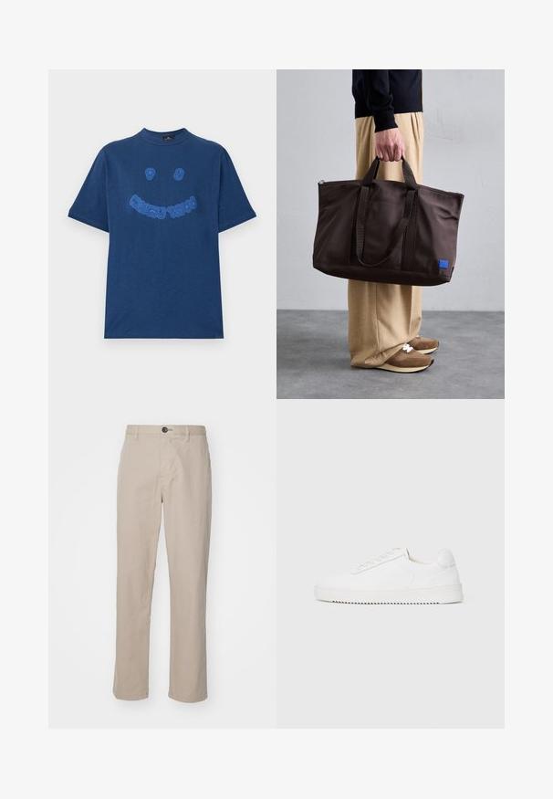 Tamsiai mėlynas medvilninis marškinėlis su apykakle. Priekyje yra mėlynai siuvinėta tekstinė grafika ir šypsenėlės dizainas. Trumpi rankovės.; Bežinės tiesios kojų kelnės iš lengvos medžiagos, su sagų uždarymu ir subtiliomis siuvimo detalėmis. Lygus priekinis uždėjimas su šoninėmis kišenėmis.; Balti sportbačiai su lygiu odiniu viršumi, apvaliu nosiu, raišteliais, tekstūruotomis šoninėmis detalėmis ir storu guminio pado. Minimalistinis dizainas.; Ruda nailono rankinė su dviem rankenomis, užtrauktuko uždarymu ir mėlynu logotipo pleistru. Lygus paviršius, struktūrizuota forma, erdvus vidus.