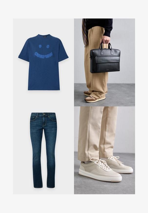 Tamsiai mėlynas medvilninis marškinėlis su apykakle. Priekyje yra mėlynai siuvinėta tekstinė grafika ir šypsenėlės dizainas. Trumpi rankovės.; Tamsiai mėlyni džinsai su klasikinio tiesaus kirpimo siluetu, penkių kišenių dizainu ir tvirta metaline sagtele juosmens srityje.; Šviesiai rudos sportbačiai su tekstūruota viršutine dalimi, baltais padais ir siuvinėjimais, derinami su šviesiai rudomis kelnėmis, rodomi ant pilkos paviršiaus.; Juodas odinis dokumentų dėklas su dviem viršutiniais rankenomis, priekinėmis užtrauktuko kišenėmis ir glotnia tekstūra. Paprastas dizainas su subtiliu prekės ženklu.