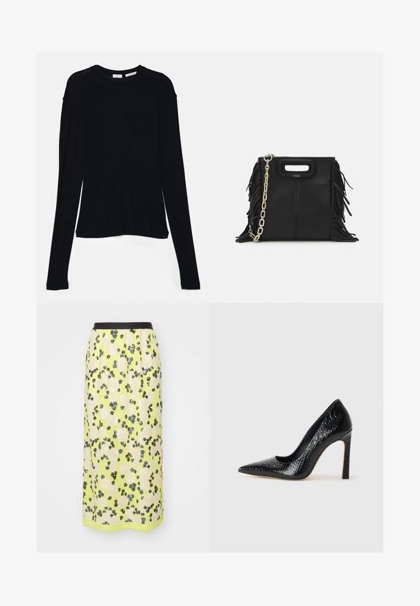 Melnas ilgas piedurknes krekls, kas izgatavots no mīksta auduma, ar apaļu kakla izgriezumu un brīvu piegriezumu, ar sānu šķēlumiem apakšmalā, lai nodrošinātu ērtu kustību.; MUNTHE OMI - Zīmuļsvārki - lemon; Melni augstpapēžu apavi ar norādītu purngalu, ar krokodila ādas tekstūru, izceļoties ar elegantu dizainu, augstu stiletto papēdi un gludu melnu interjeru.; Melna ādas rokassoma ar frizūras detaļām, zelta ķēdes plecu siksnu un izgrieztu rokturi. Ir logotipa novietojums priekšpusē.