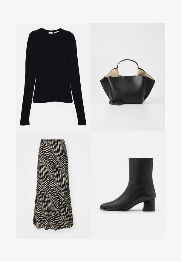 Haut noir à manches longues en tissu doux, avec un col rond et une coupe décontractée, doté de fentes sur les côtés à l'ourlet pour faciliter les mouvements.; Jupe mi-longue en tissu lisse avec un motif de rayures ondulées noir et beige, s'évasant doucement de la taille à l'ourlet.; Bottine en cuir noir avec un bout pointu et un talon carré épais. Texture lisse avec un design sans coutures et descoutures minimalistes.; Ree Projects ANN TOTE MINI - Sac à main - black; Boucles d'oreilles en perles argentées avec une forme incurvée en haricot. Surface lisse et brillante, maintenues par une fermeture à tige et à dos.