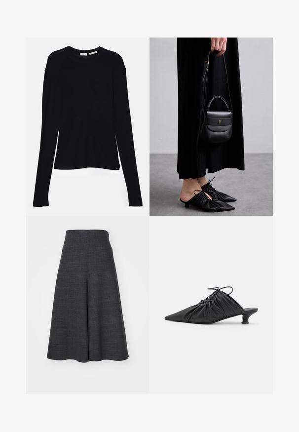 Crna majica dugih rukava od mekog materijala, sa okruglim izrezom i ležernim krojem s bočnim prorezima na rubu za lakše kretanje.; Tamno sivi kuloti od teksturiranog materijala, visokog struka, proširenog kroja, sa bočnim džepovima, glatke završnice bez vidljivih metalnih dijelova.; Crne kožne cipele bez pete s oštrim vrhom, nabranim teksturom i malom kitten petom. Imaju detalj na vezanje na otvaranju.; Mala crna kožna torbica za ruku sa zaobljenim oblikom, gornjom ručkom i uklonjivim remenom. Nosena uz crnu haljinu od tkanine i crne plisirane cipele.