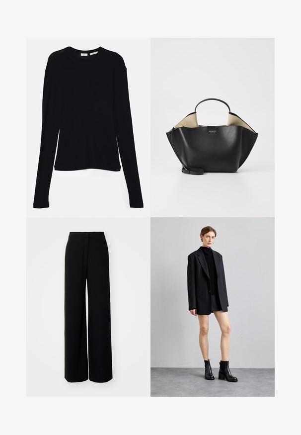 Černý dlouhý rukáv top vyrobený z měkkého materiálu, s kulatým výstřihem a volným střihem, se bočními rozparky na olemování pro snadný pohyb.; Černé kalhoty s širokým střihem a vysokým pasem, hladká látka, přední zapínání na knoflík a bez viditelných kapes, s příjemným střihem.; Černý oversize blazer přes přiléhavý černý rolák, v kombinaci s černou mini sukní a černými koženými kotníkovými botami na podpatku. Hladké textury.; Ree Projects ANN TOTE MINI - Kabelka - black