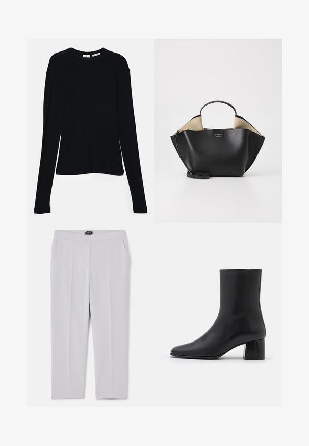 Top preto de manga longa feito de tecido suave, com decote redondo e um corte relaxado, apresentando aberturas laterais na barra para facilitar os movimentos.; Calças cinzas claras feitas de um tecido suave, com um cós, bolsos laterais e um design de perna reta com vincos discretos.; Botim de pele preta até ao tornozelo com biqueira pontiaguda e salto quadrado robusto. Textura suave com um design sem costuras e costura minimalista.; Ree Projects ANN TOTE MINI - Mala de mão - black