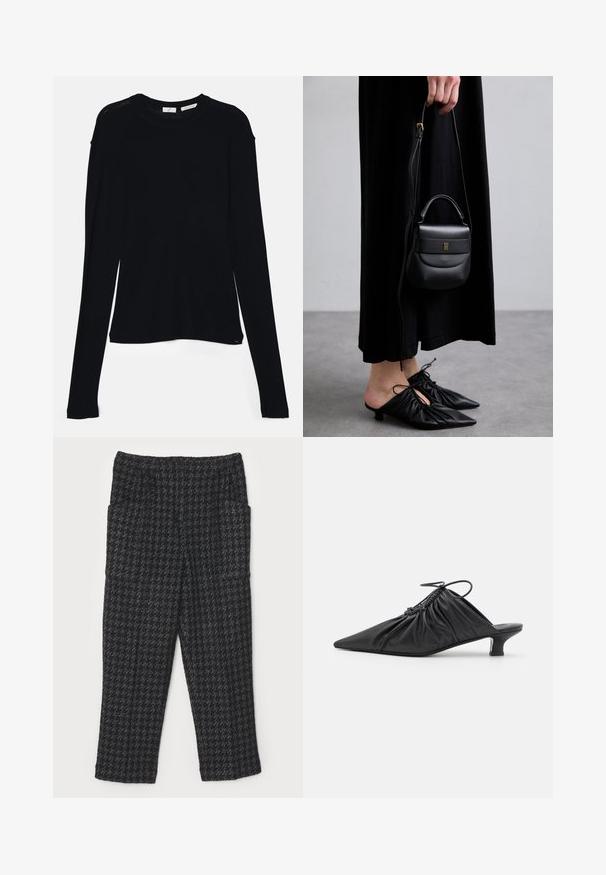 Zwarte lange mouw top van zachte stof, met een ronde halslijn en een ontspannen pasvorm met zijsplitten aan de onderkant voor gemak in beweging.; Zwarte stoffen broek met een houndstooth-patroon, rechte pijpen, elastische tailleband en twee zijzakken.; Zwarte leren instappers met een spitse neus, gegatherde textuur en een kleine kittenhiel. Heeft een trekkoorddetail aan de opening.; Kleine zwarte leren handtas met een ronde vorm, bovenhandvat en verwijderbare schouderband. Draagt bij een zwart stoffen jurk en zwarte geplooide schoenen.