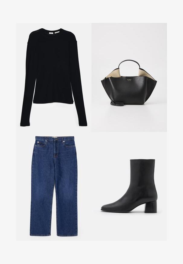 Črna dolgo rokavna majica iz mehkega blaga, s krogličnim izrezom in sproščenim krojem z bočnimi razpokami na robu za lažje gibanje.; Temno modri džins hlače z visokim pasom, naravnim krojem nogavic, petimi žepi in srebrno kovino. Vsebujejo rahlo bledenje in šivane šive.; Črne usnjene gležnjarje s koničastim nosom in masivnim kvadratnim peto. Gladka tekstura z brezšivnim dizajnom in minimalnim šivanjem.; Ree Projects ANN TOTE MINI - Torbica - black