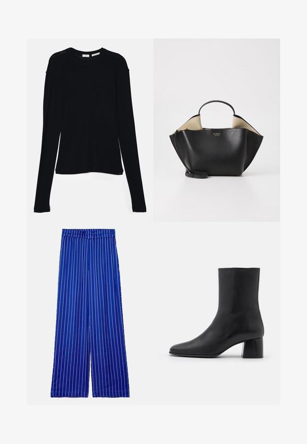 Haut noir à manches longues en tissu doux, avec un col rond et une coupe décontractée, doté de fentes sur les côtés à l'ourlet pour faciliter les mouvements.; Baum und Pferdgarten NARINE - Pantalon classique - mazarine blue; Bottine en cuir noir avec un bout pointu et un talon carré épais. Texture lisse avec un design sans coutures et descoutures minimalistes.; Ree Projects ANN TOTE MINI - Sac à main - black
