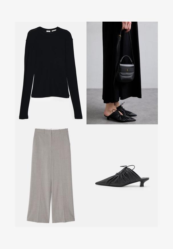 Černý dlouhý rukáv top vyrobený z měkkého materiálu, s kulatým výstřihem a volným střihem, se bočními rozparky na olemování pro snadný pohyb.; Světlé šedé kalhoty s širokými nohavicemi vyrobené z hladké texturované tkaniny. Mezi vlastnosti patří postranní kapsy a přiléhavý střih s rovnými nohavicemi.; Černé kožené slip-on mule s špičatou špicí, shromážděnou texturou a malým podpatkem. Vlastnosti zahrnují stahovací detail na otvoru.; Malá černá kožená kabelka s zaobleným tvarem, horním madlem a odnímatelným popruhem. Nositelná s černými látkovými šaty a černými plisovanými botami.