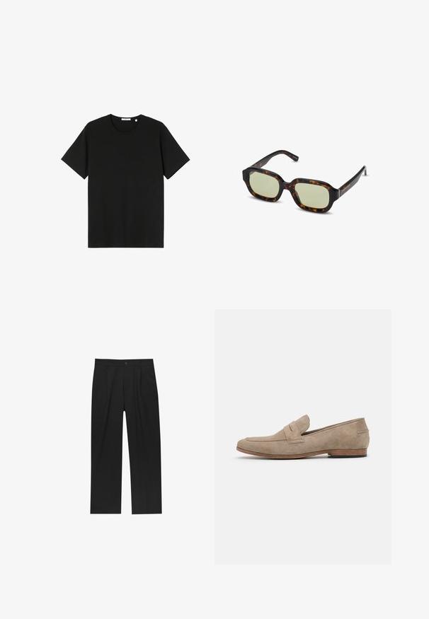 Black short-sleeve t-shirt made of cotton. Round neckline, relaxed fit, smooth texture, and no visible patterns or graphics.; Black pants with a straight-leg design, made from a smooth fabric. Features front pleats and a single button closure at the waist.; Beige suede loafer with minimal stitching, a flat heel, and a leather sole. Features a single strap accent near the vamp. Flat silhouette.; Tortoiseshell sunglasses with green-tinted lenses, rectangular shape, wide frames, and smooth finish. Accents on the temples.