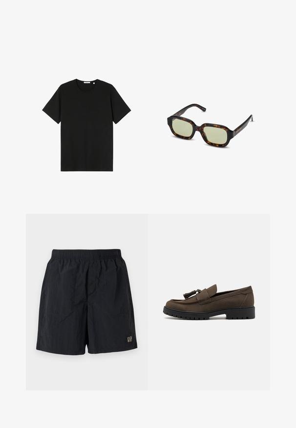 Schwarzes, kurzärmeliges T-Shirt aus Baumwolle. Rundhalsausschnitt, lockere Passform, glatte Textur und keine sichtbaren Muster oder Grafiken.; Schwarze Shorts mit elastischem Bund, mit einem Logopatch unten rechts, aus leichtem Stoff mit einer zerknitterten Textur.; Braune Wildleder-L loafers mit glattem Obermaterial, runder Zehenform und dekorativem Quasten. Sie verfügen über eine robuste schwarze Gummisohle für besseren Halt.; Schildpatt-Sonnenbrille mit grün getönten Gläsern, rechteckiger Form, breitem Rahmen und glatter Oberfläche. Akzente an den Bügeln.