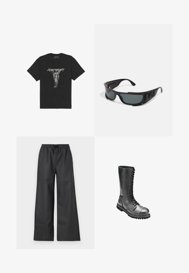 T-shirt nera in cotone con maniche corte, caratterizzata da una grafica frontale di una statua e dalla parola "REPENT" in grassetto grigio.; Han Kjøbenhavn RELAXED TRACK TROUSERS - Pantaloni - black; Stivali da combattimento in pelle nera, con lacci, alto gambale, punta rotonda, colletto imbottito e suola in gomma texturizzata per una migliore aderenza.; Occhiali da sole con montatura in plastica nera, lenti grigie, design avvolgente, dettagli laterali e un logo sul tempio.