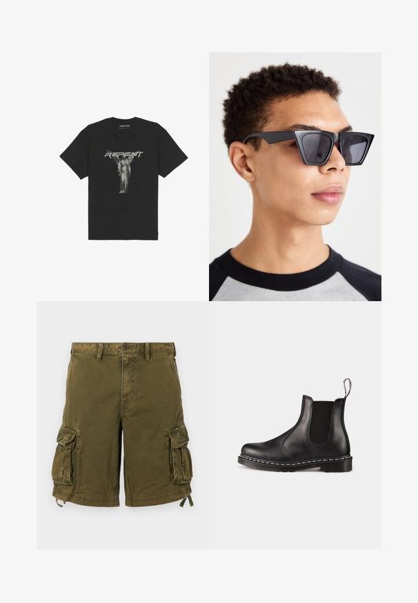 T-shirt nera in cotone con maniche corte, caratterizzata da una grafica frontale di una statua e dalla parola "REPENT" in grassetto grigio.; Pantaloni cargo verdi con chiusura a bottone, numerose tasche laterali e lacci regolabili all'orlo. Realizzati in tessuto resistente.; Stivale Chelsea in pelle nera con pannelli laterali elasticizzati, punta arrotondata, fascia per il richiamo, cuciture bianche sulla suola e suola in gomma texturizzata.; Occhiali da sole neri angolari con lenti scure, caratterizzati da un audace design geometrico e una finitura opaca. Indossati da una persona con capelli corti.