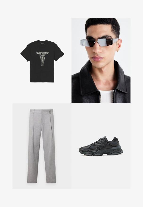 Zwarte katoenen t-shirt met korte mouwen, afgewerkt met een frontale afbeelding van een standbeeld en het woord "REPENT" in vetgrijze letters.; Grijze op maat gemaakte broeken van een geweven stof, met plooien, een rechte pijp en een klassiek taillebandontwerp.; Zwarte hardloopschoen met een mix van mesh en synthetische materialen, een stevige zool, gebogen ontwerp en prominente branding op de zijkant.; Hoekige, grijsgetinte zonnebril met zilveren accenten, tegen een lichte achtergrond. De lenzen hebben een unieke geometrische vorm.