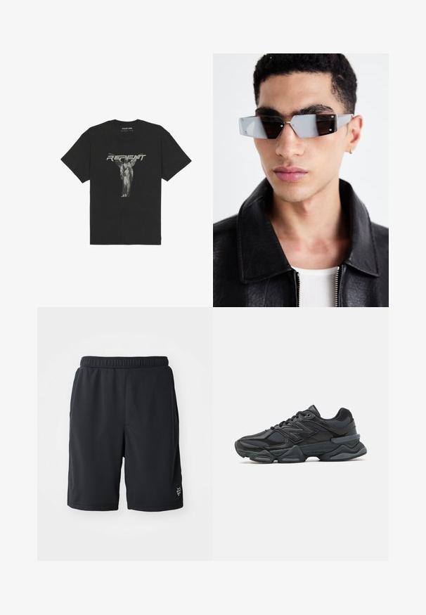 T-shirt de algodão preto com mangas curtas, apresentando uma gráfica frontal de uma estátua e a palavra "REPENT" em letras cinza em negrito.; Calções atléticos pretos feitos de material de malha respirável, com uma cintura elástica e um detalhe sutil do logótipo no canto inferior direito.; Sapato de corrida preto com uma combinação de malha e materiais sintéticos, sola robusta, design curvado e uma marca de destaque na lateral.; Óculos de sol angulares com tonalidade cinza e detalhes em prata, contra um fundo claro. As lentes apresentam uma forma geométrica única.