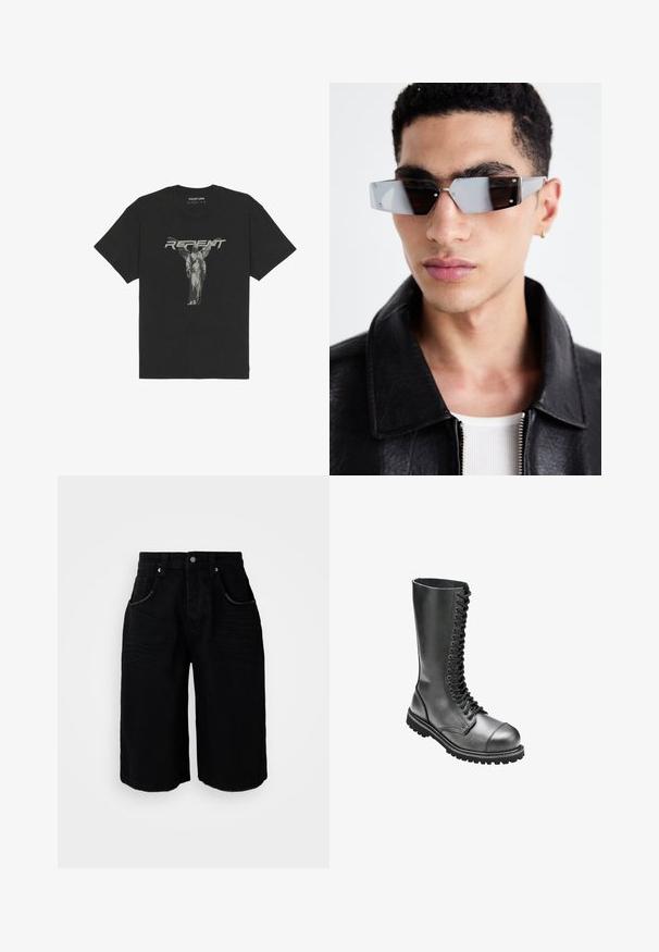 Crna pamučna majica kratkih rukava, s prednjim grafičkim prikazom statue i riječju "REPENT" u podebljanom sivom slovu.; Crne traper kratke hlače ravnog kroja, s pet džepova, metalnim dugmetom za zatvaranje i suptilnom teksturom. Rub je zahvaljujući čistom rezu završen.; Crne kožne čizme s vezicama, borbene, s visokim okovratnikom, okruglim vrhom, podstavljenim ovratnikom i teksturiranom gumom potplatom za poboljšano prianjanje.; Angular sunčane naočale sivo-smeškanih tonova sa srebrnim detaljima, postavljene na svijetloj pozadini. Stakla imaju jedinstven geometrijski oblik.