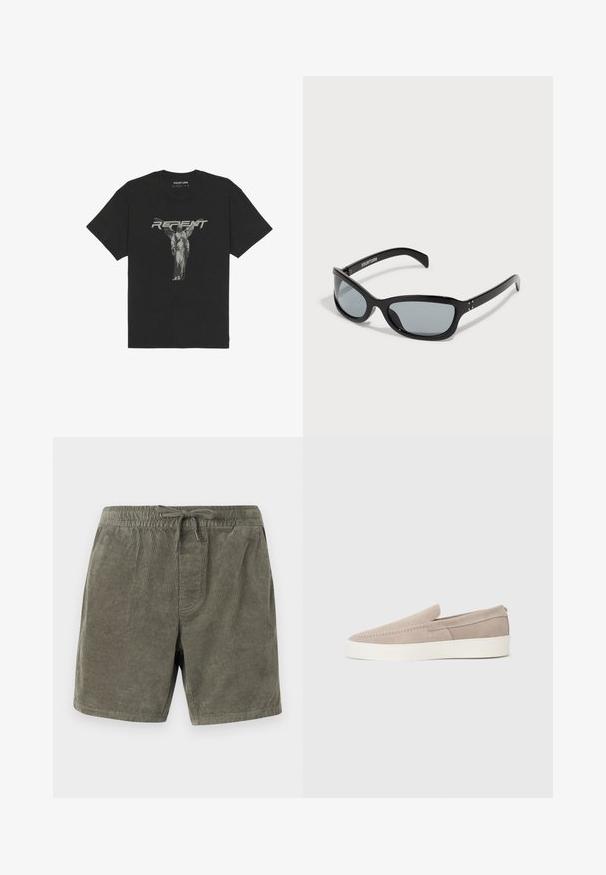 Svart bomull t-skjorte med kort erm, med et frontgrafikk av en statue og ordet "REPENT" i fet grå skrift.; Fløyelsbukser i oliven grønn, med elastisk linning og snøring, teksturerte vertikale ribber og sidelommer.; Beige semskede slip-on sko med en glatt tekstur, rund tå og hvit gummisåle. Har enkel søm langs oversiden.; Svart solbriller med en elegant, vinklet design. Har grå linser og glatte plastikkrammer. Inkluderer små metall detaljer og branding på armen.