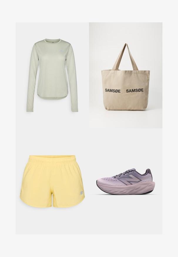 Kerge roheline pikkade varrukatega särk, mis on valmistatud tekstuuriga kangast, millel on ümmargune kaelus ja väike logo vasakul rinnaosal.; Kollase värvi spordilühikesed püksid, millel on elastne vöökoht ja väike hall logo paremal all nurgas. Sile kangas, kerge ja lühikese lõikega disain.; Lilla jooksujalats, millel on hingav tekstiilist pealosa, pehmendatud krae, paks polsterdatud vaheosa ning tekstuuriga kummist välistald.; Beež kangastoot mõlema külje peal kahe musta trükitud "SAMØE" logoga. Omab tugevaid beeže õlarihmasid ja lihtsat, struktureerimata disaini.
