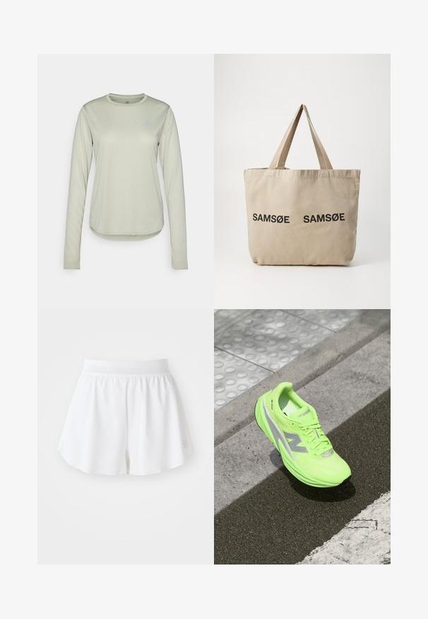Kerge roheline pikkade varrukatega särk, mis on valmistatud tekstuuriga kangast, millel on ümmargune kaelus ja väike logo vasakul rinnaosal.; Valged spordilühikesed püksid, millel on sile tekstuur, elastne vöökoht ja avarduv disain. Vasakul alumisel nurgas on väike logo.; Erks rohelise neoonvärvi New Balance'i jooksujalats, mis puhkab tekstuurse asfaldipinna lähedal, mis on lähedal taktiilsetele kõnniteedele ja äärekivi servale.; Beež kangastoot mõlema külje peal kahe musta trükitud "SAMØE" logoga. Omab tugevaid beeže õlarihmasid ja lihtsat, struktureerimata disaini.