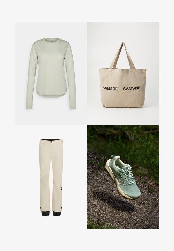 Lange mouwen lichtgroen shirt gemaakt van gestructureerde stof, met een ronde halslijn en een klein logo op de linkerkant van de borst.; Beige waterdichte broek met twee knoopsluitingen, een ritssluiting en een zwarte verstelbare zoom. Voorzien van een logo-tag op het linkerbeen.; Lichtgroene sportschoen met een gestructureerde bovenkant, vetersluiting en een beige zool. Bevat subtiele branding en een gevoerde kraag.; Beige canvas schoudertas met twee zwarte bedrukte "SAMØE" logo's. Heeft stevige beige schouderbanden en een eenvoudig, ongestructureerd ontwerp.