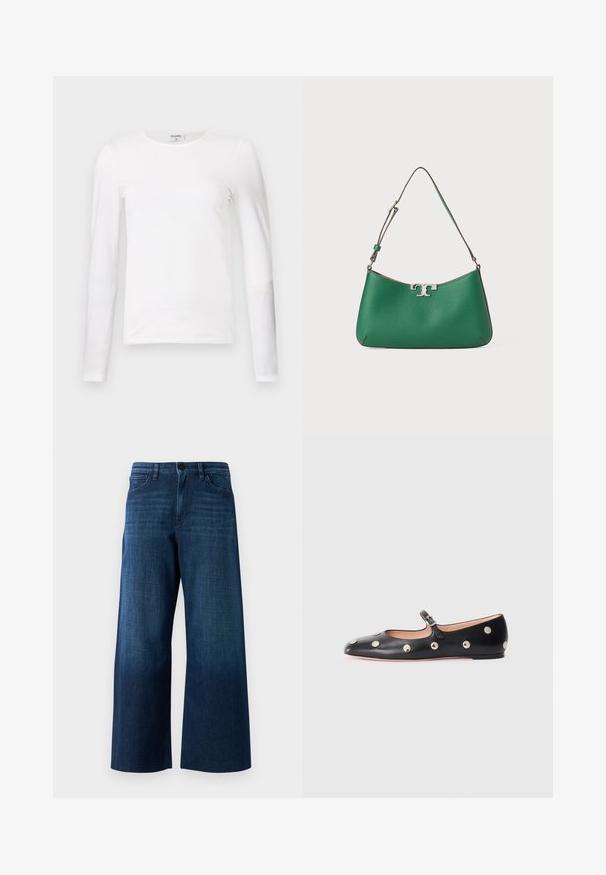 Balta ilga piedurkne T-kreklu, izgatavota no mīkstas kokvilnas, ar apaļu kakla izgriezumu un šaura piegriezuma dizainu, ar gludām šuvēm un bez redzamām apdrukām.; Platas kājas tumši zila džinsu bikses ar priekšējo pogu, jostas cilpiņām un klasisko piecu kabatu dizainu uz vienkrāsaina fona.; Melna ādas Mary Jane līdzena zābaku ar noapaļotu purngalu, kurā ir sudraba apaļie kniedes un regulējama siksniņa ar sprādzi.; Zaļa ādas rokassoma ar izliekta forma, sudraba aksesuārs, teksturēta virsma un viena regulējama plecu siksna.