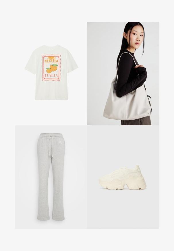 Hvit bomull T-skjorte med grafisk design av to appelsiner med teksten "Sicilia" og "Italia", omkranset av en dekorativ rød ramme.; Gap Tall HERITAGE BOOT - Joggebukse - light heather grey; Chunky hvite sneakers laget av teksturert mesh og syntetiske materialer, med en tykk såle og intrikate mønsterdetaljer langs sidene.; Beige håndveske laget av mykt materiale, med en slapp design, sydd detaljer og to skulderstropper. Passer for daglig bruk.