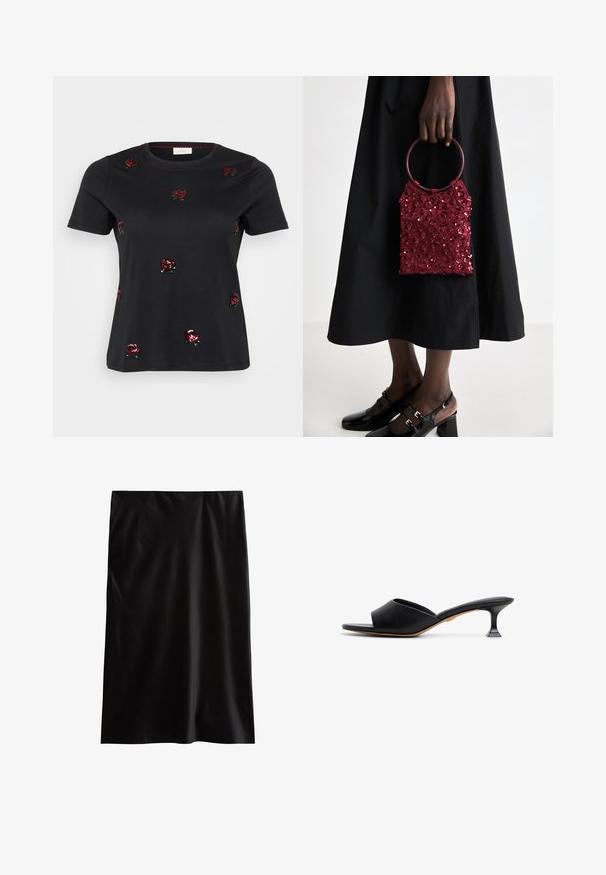 Schwarzes Baumwoll-T-Shirt mit roten gestickten Rosen und grünen Akzenten, kurzen Ärmeln und rundem Ausschnitt. Glatte Textur mit lässiger Passform.; Schwarzer Bleistiftrock aus glattem, leichtem Material. Hat einen geraden Schnitt und ein einfaches, schmuckloses Design ohne sichtbare Muster oder Beschläge.; Schwarzer Leder-Mule mit offener Zehenpartie und einem breiten Riemen. Verfügt über einen schlanken, geschwungenen Absatz und ein glattes Fußbett. Die Sohle hat eine kontrastierende tanfarbene Farbe.; Burgunderfarbenes, mit Pailletten versehenes Handtäschchen mit einem runden Griff, rechteckiger Form und strukturierter Oberfläche; kombiniert mit einem schwarzen Rock und glänzenden schwarzen Schuhen.