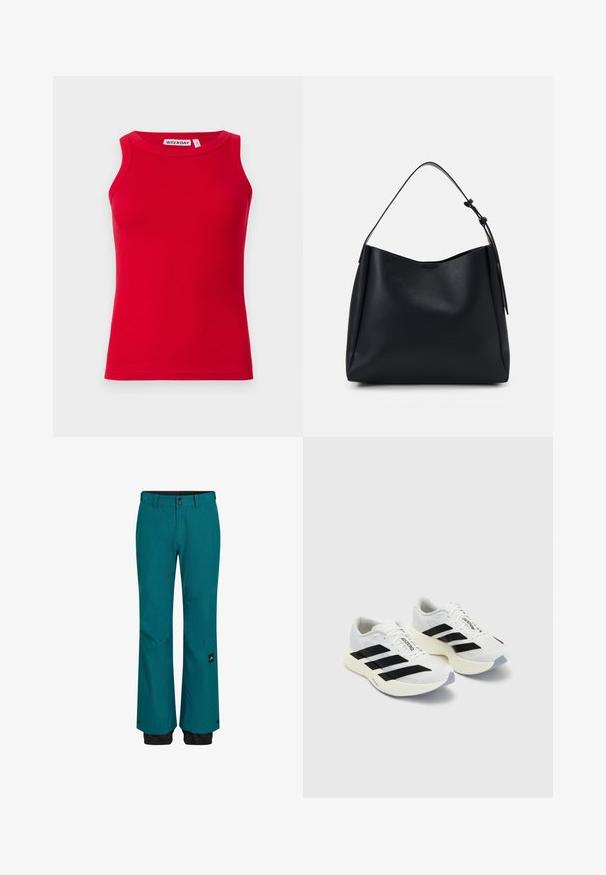 Rode geribbelde tanktop met een ronde halslijn en brede schouderbanden. Zacht materiaal met een aansluitende pasvorm. Merkenlabel zichtbaar aan de binnenkant van de halslijn.; Teal sneeuwbroeken met een relaxte pasvorm, met een zwarte tailleband en lagere boorden. Het materiaal is duurzaam met een subtiele textuur en een zijlogo.; Witte sportieve schoenen met zwarte strepen en branding, met een bovenkant van mesh, een ronde neus en een dikke crème zool voor demping.; Zwarte leren hobo tas met een enkele schouderriem, gladde textuur, taps toelopende bovenkant en minimalistisch ontwerp zonder zichtbare hardware.