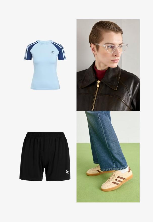Lyseblå kortermet t-skjorte med marineblå raglanermer og tre hvite striper. Har et Adidas-logo på brystet. Elastisk, tettsittende design.; Sorte treningsshorts laget av lett materiale, med elastisk midje og en liten hvit Under Armour-logo på nederste venstre side.; Beige joggesko med teksturerte kremfargede paneler og brune striper, parret med blå denimjeans. Jeansene har vid ben og frynsete kant.; Klare akryl katteøye-briller med gult tonede linser, båret av en person i en mørk skinnjakke og rød genser med høy hals. Glatt tekstur.