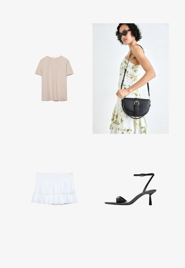 Beige kortærmet T-shirt med rund hals i en simpel design, vist fladt mod en hvid baggrund.; Hvide rynkede shorts med en smocket talje, der har lag af stof og subtile teksturdetaljer. Let og afslappet design.; Bershka Højhælede sandaletter / Højhælede sandaler - black; Sort læderhåndtaske med en buet form, aftagelig rem og guldfinish. Tasken har en klap med en spænde detalje.