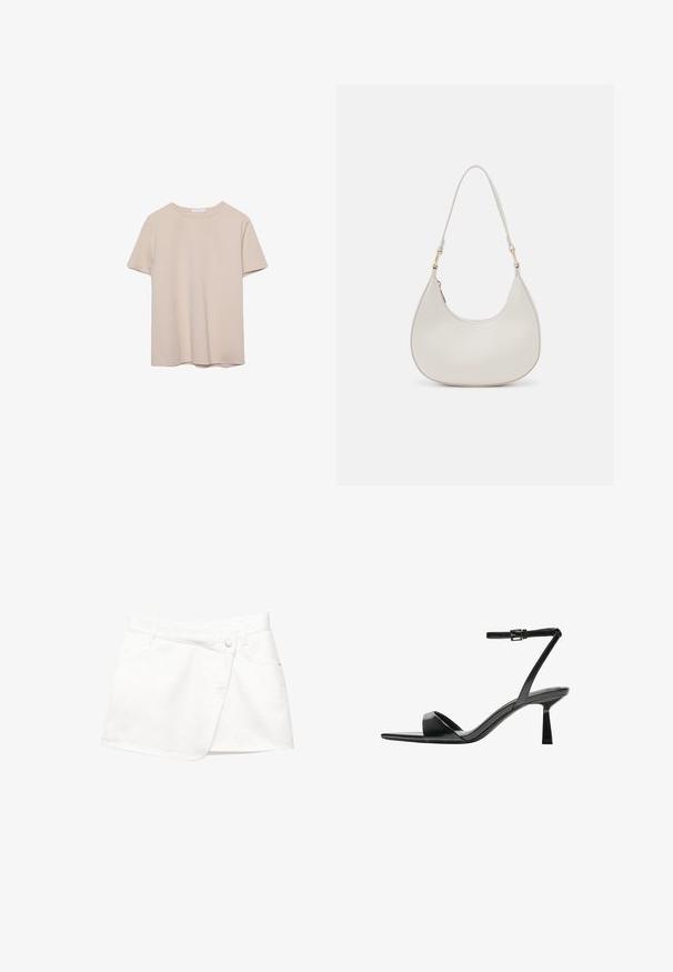 Beige lyhythihainen crew neck -t-paita, jossa on yksinkertainen muotoilu, aseteltuna tasaisesti valkoista taustaa vasten.; Valkoinen denim-minihelma wrap-muotoilulla, jossa on edessä nappisulku, kaksi sivutaskua ja sileä kangas.; Bershka Korolliset sandaalit - black; Kreemivärvi nahast õlakott, millel on kuu kujuline disain, õhuke rihm ja peened õmblused. Minimalistlik disain koos kuldse tooni metallitöötluse aktsentidega.