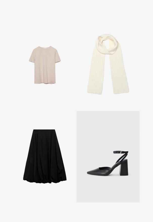 T-shirt beige à manches courtes et col rond avec un design uni, présenté à plat sur un fond blanc.; Jupe midi noire en tissu léger, présentant une forme volumineuse avec des détails froncés au niveau de l'ourlet et un design plissé à la taille.; Escarpin noir en cuir à bout pointu avec une bride de cheville et un talon épais. Texture lisse, design élégant et esthétique minimaliste.; Écharpe en tricot de couleur crème, pliée lâchement en haut avec les deux extrémités tombant droit vers le bas.