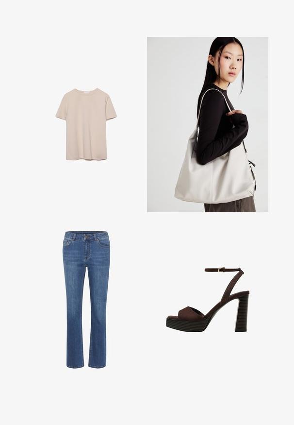 Maglietta beige a maniche corte con scollatura a girocollo e design semplice, mostrata distesa su uno sfondo bianco.; Jeans in denim blu con un design a gamba dritta, vita aderente, passanti per cintura, cinque tasche e un piccolo bottone marrone in vita.; Sandal in camoscio marrone con tacco alto, punta aperta, cinturino alla caviglia regolabile e suola a piattaforma striata.; Borsa a mano beige realizzata in materiale morbido, caratterizzata da un design morbido, dettagli cuciti e due manici. Adatta per l'uso quotidiano.